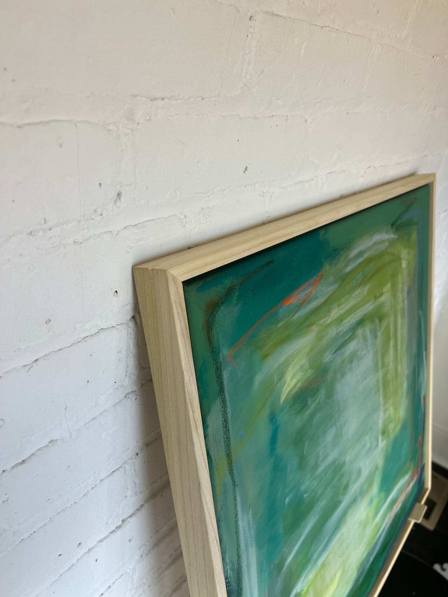 24" x 24" Framed Acrylic and Oil Stick Green Abstract