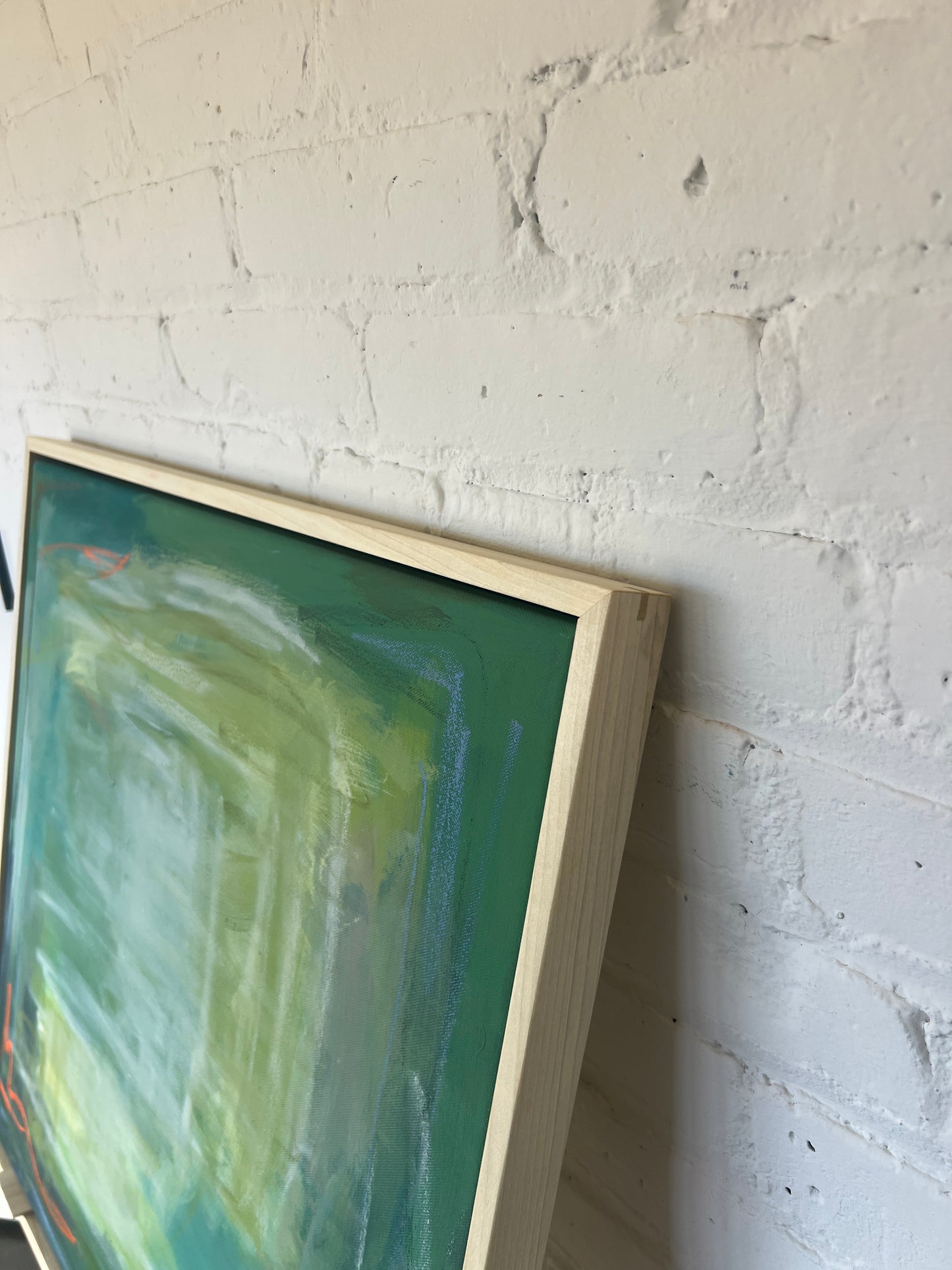 24" x 24" Framed Acrylic and Oil Stick Green Abstract