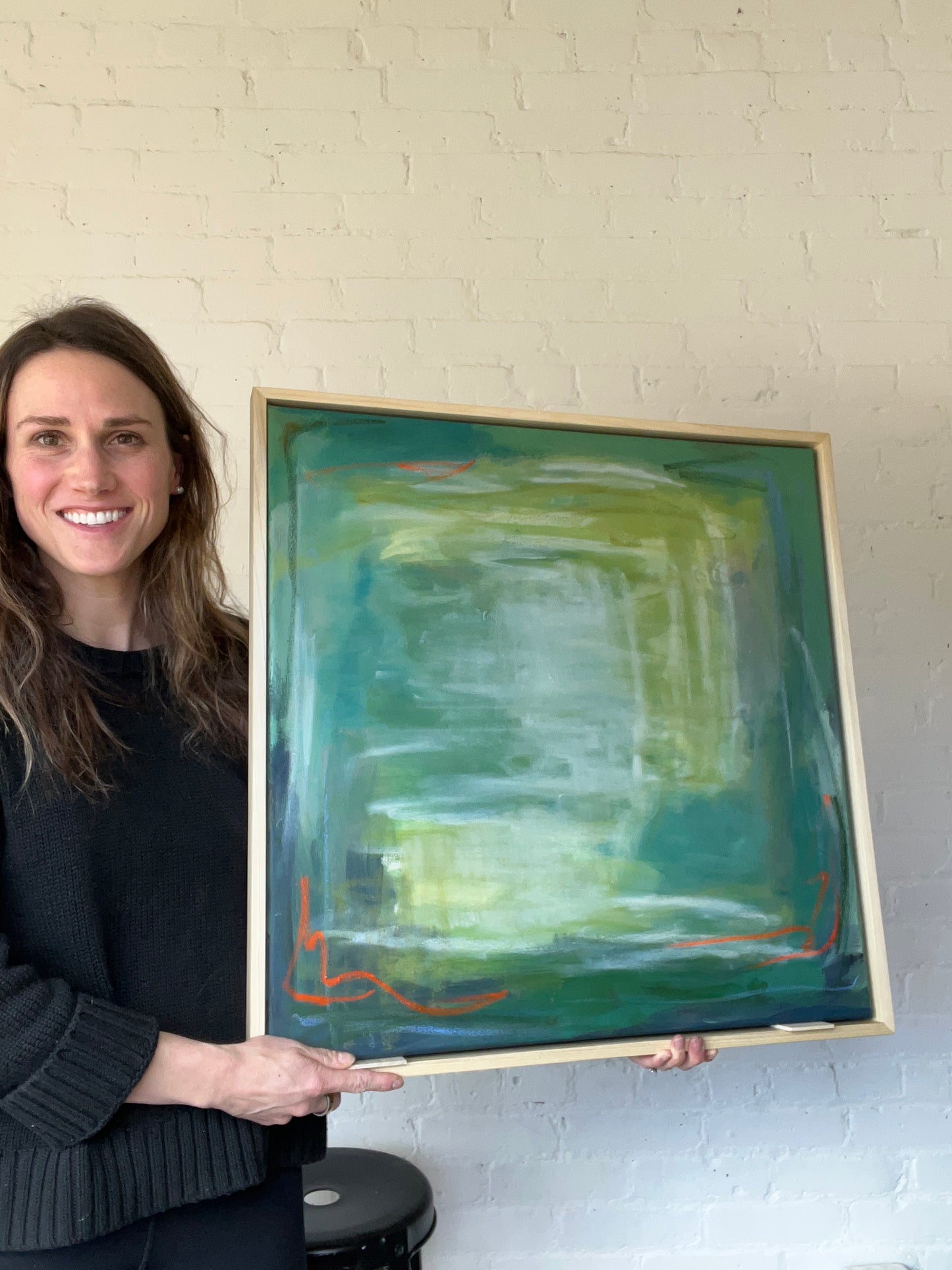 24" x 24" Framed Acrylic and Oil Stick Green Abstract