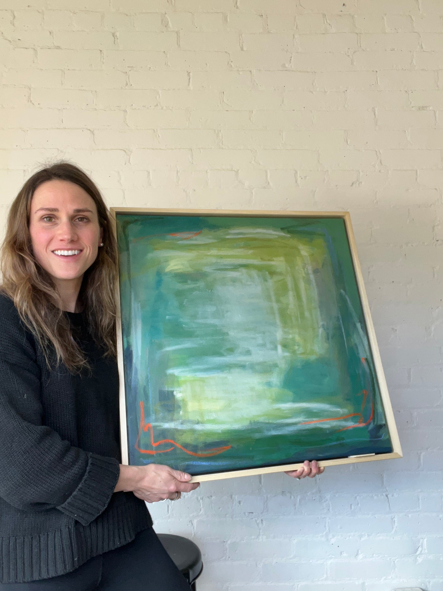 24" x 24" Framed Acrylic and Oil Stick Green Abstract