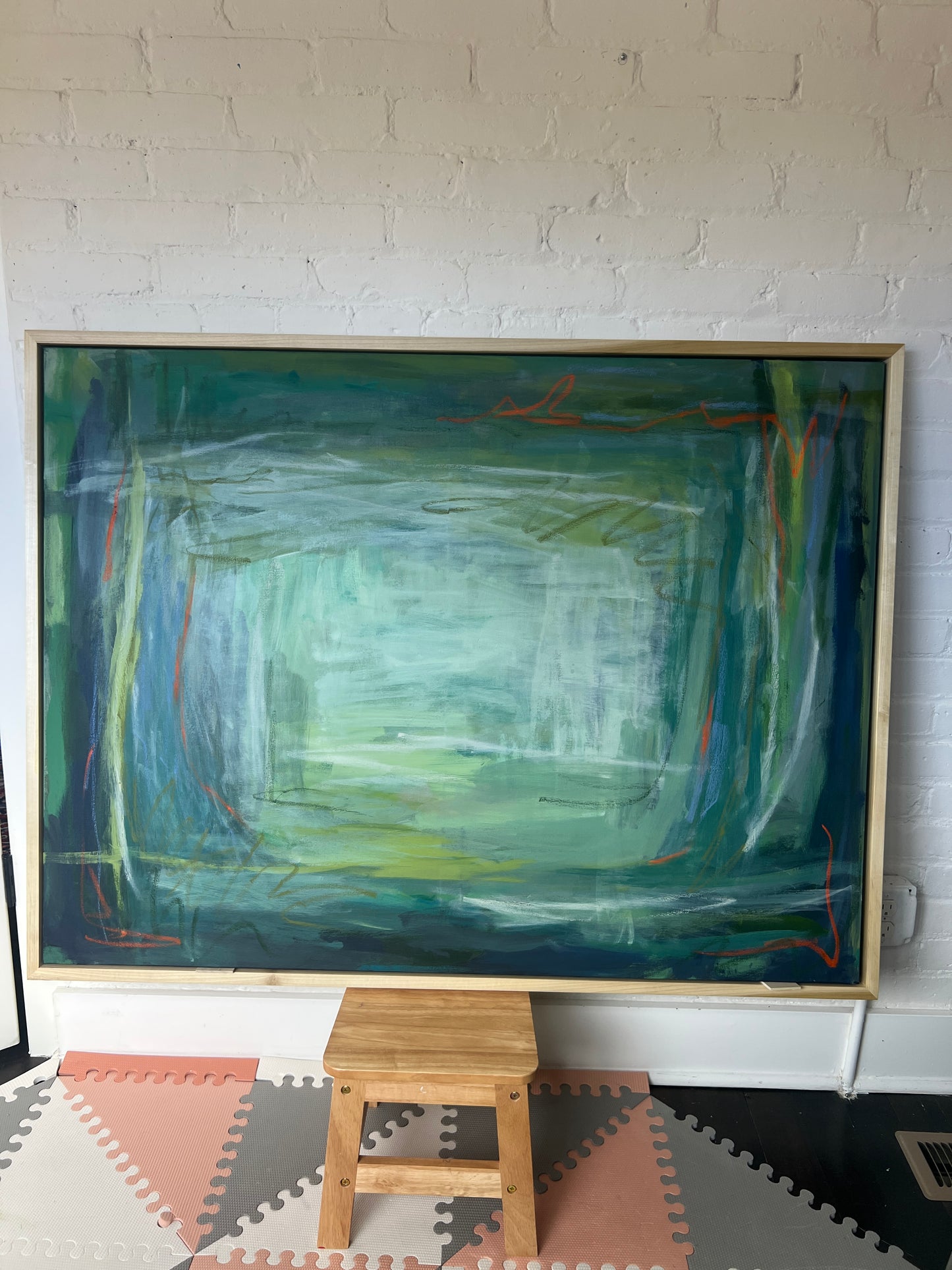 36" x 48" Acrylic and Oil Stick Green Abstract