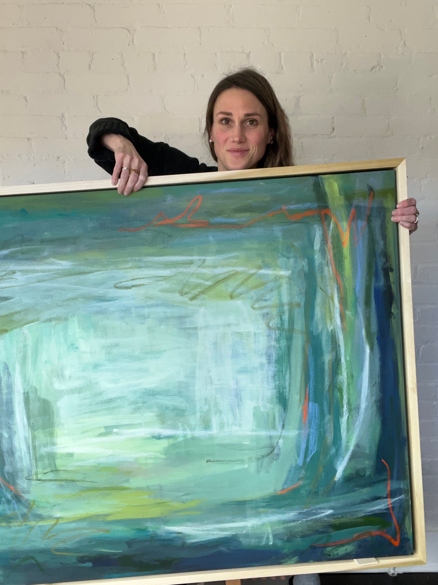 36" x 48" Acrylic and Oil Stick Green Abstract