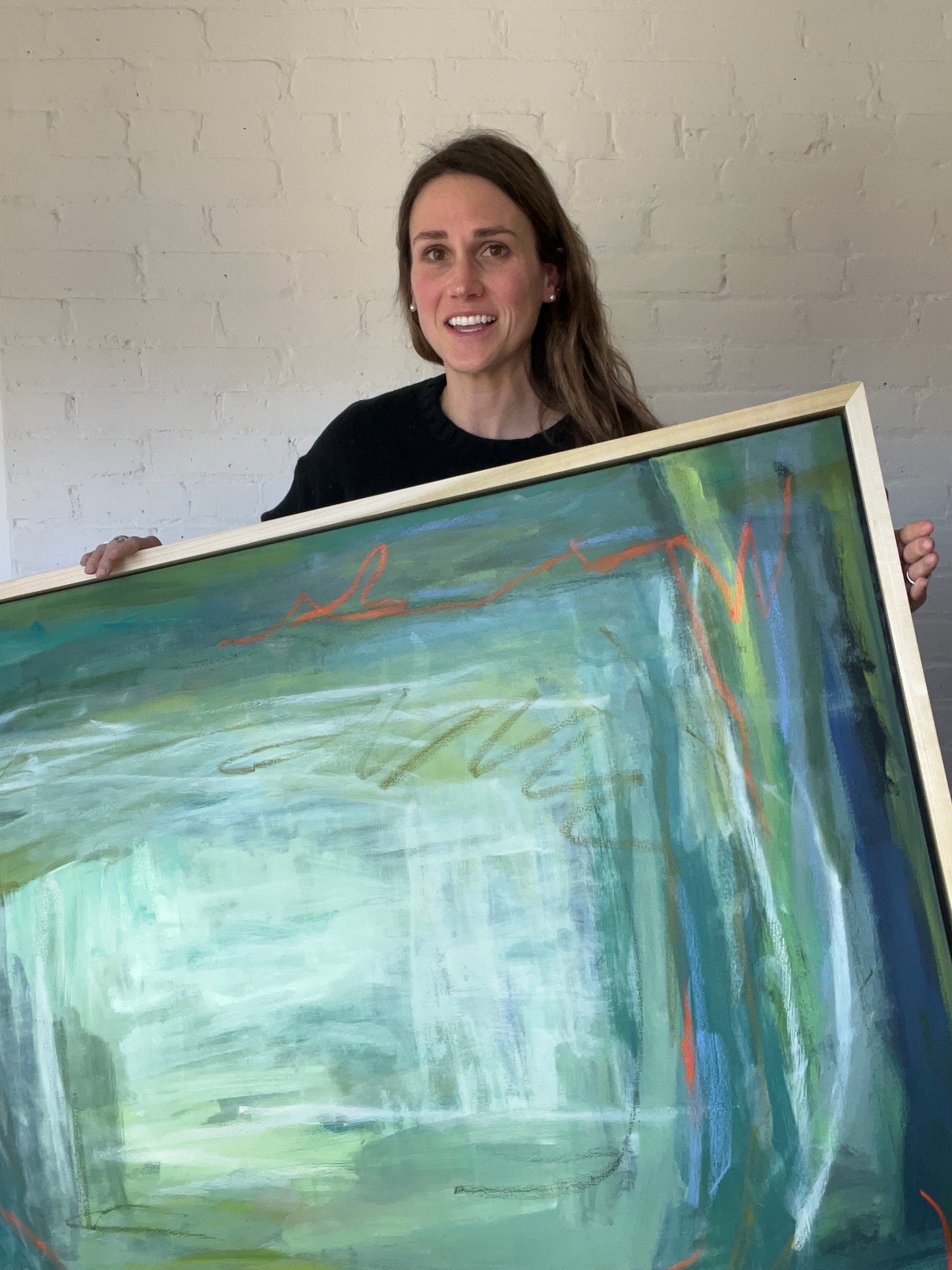 36" x 48" Acrylic and Oil Stick Green Abstract