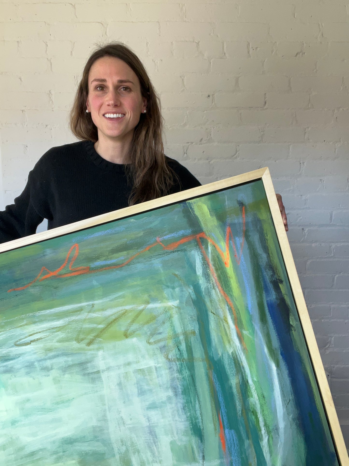 36" x 48" Acrylic and Oil Stick Green Abstract