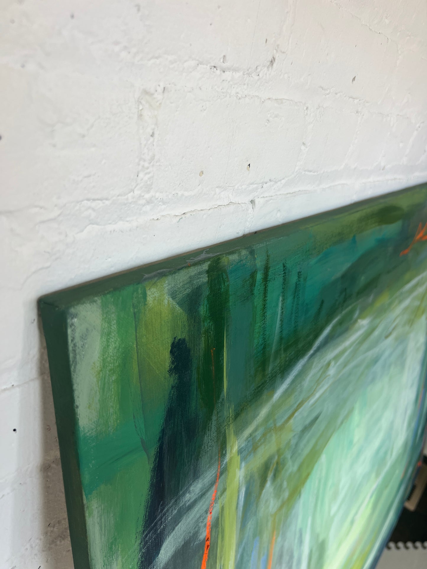 36" x 48" Acrylic and Oil Stick Green Abstract