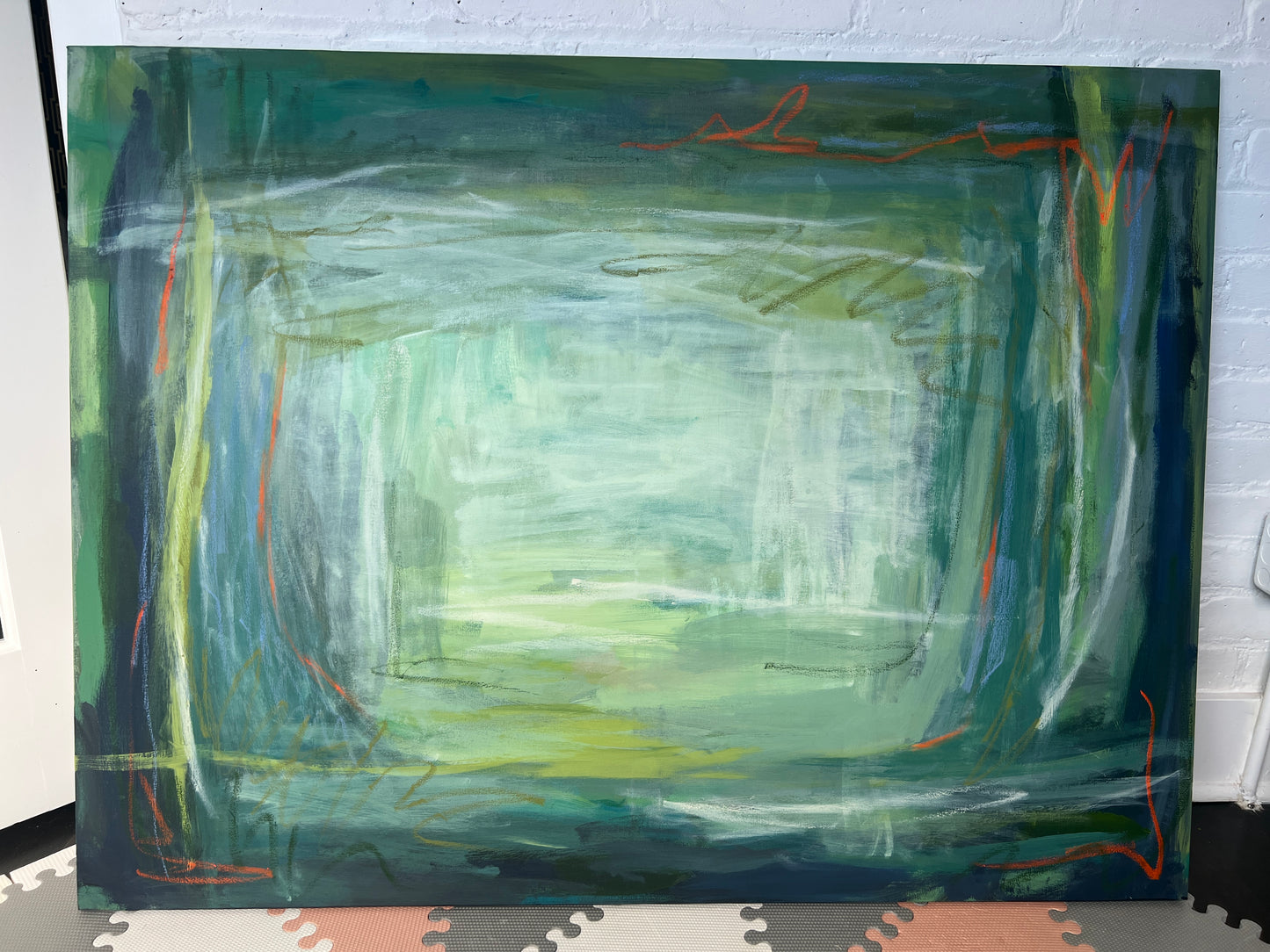 36" x 48" Acrylic and Oil Stick Green Abstract