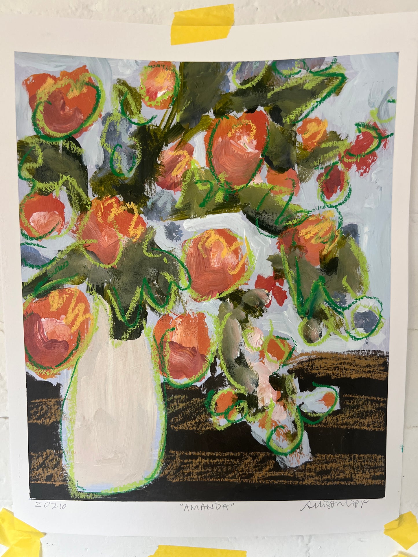 12" x 10" Abstract Floral: Acrylic and Oil Stick on Paper