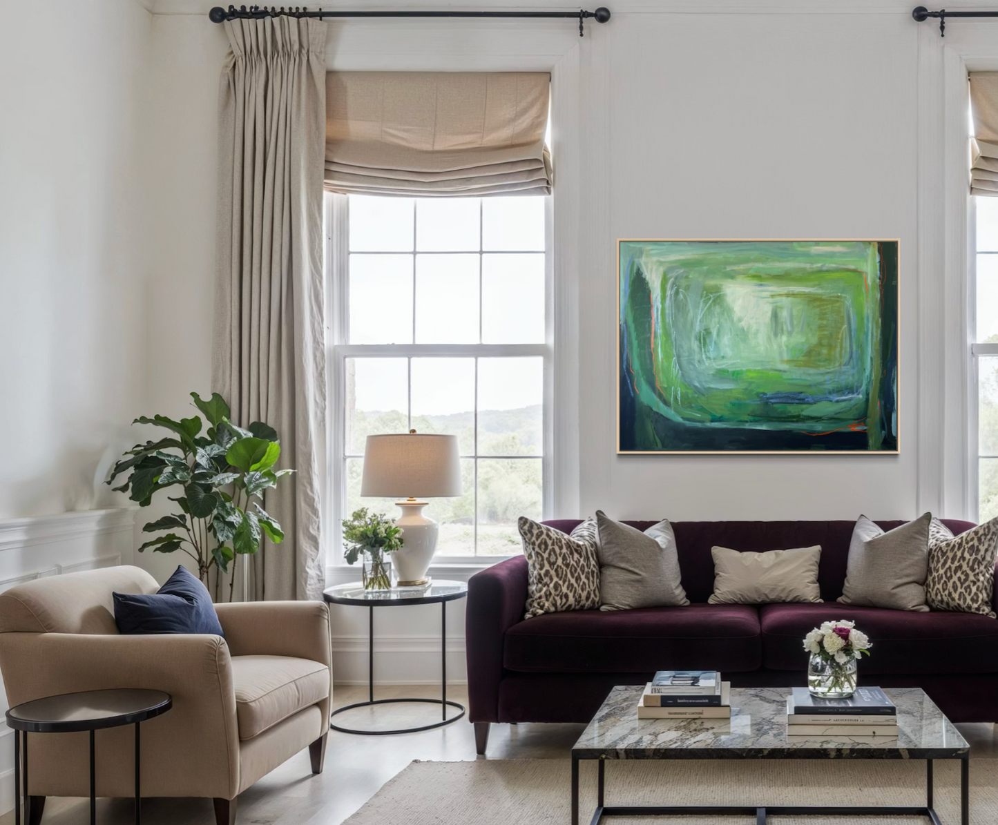 36" x 48" Acrylic and Oil Stick on Canvas | Large Green Abstract Painting